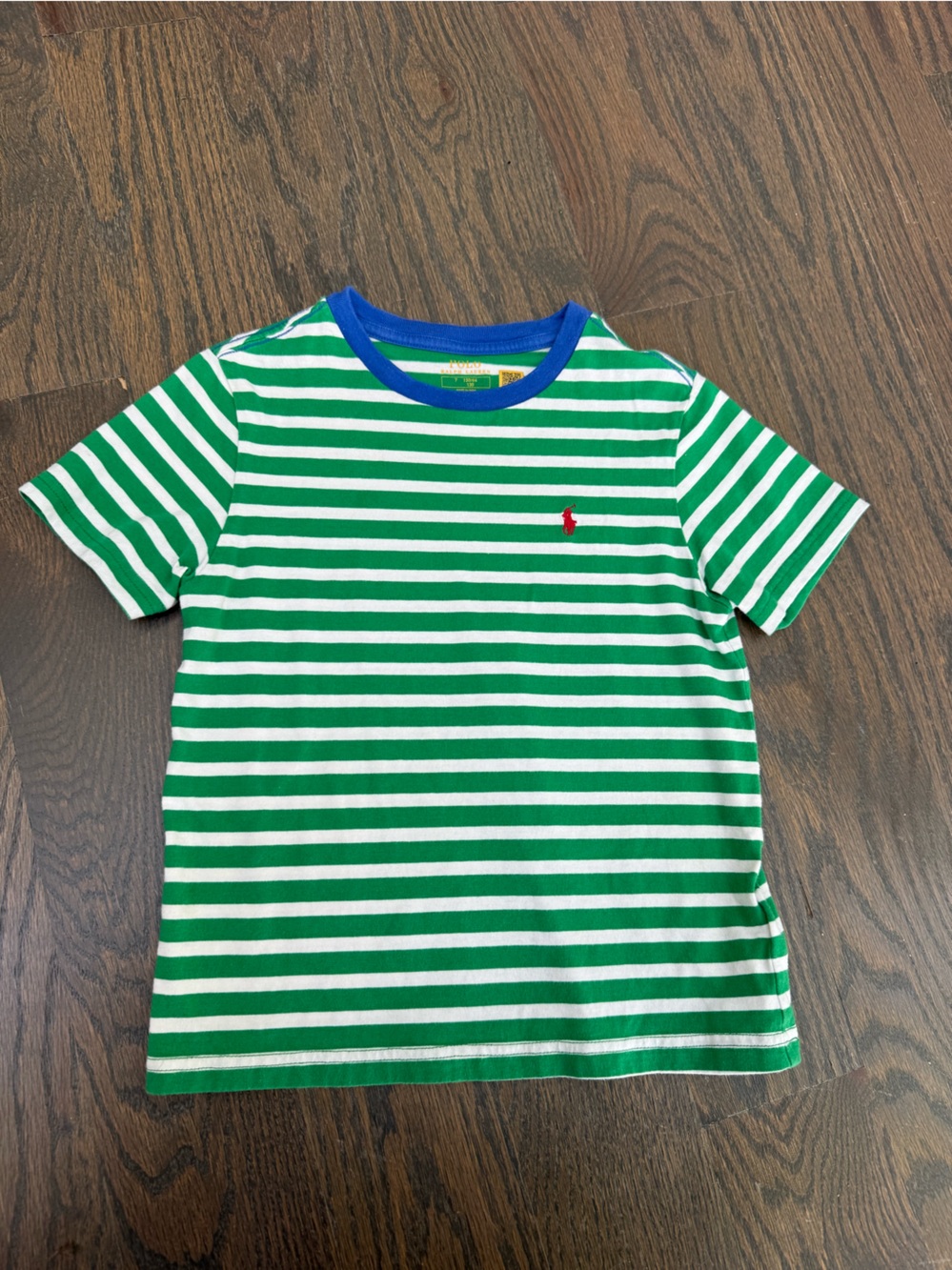 Polo by Ralph Lauren Green & White Striped Tee with Blue Neck